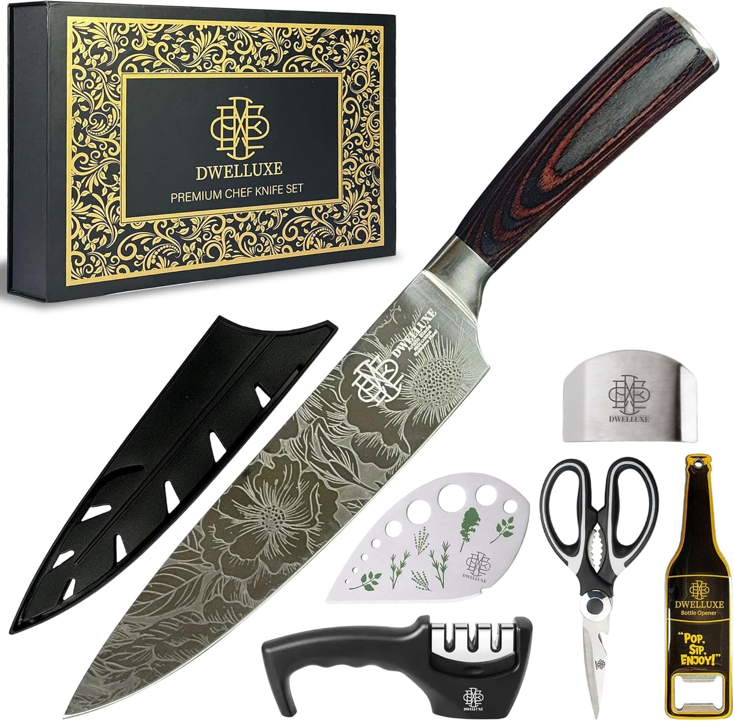 Dwelluxe 8-Inch Chef Knife Set | Laser-Etched Floral Blade | Ultra-Sharp 7Cr17MoV Steel | Ergonomic Pakkawood Handle | with 7 Accessories – Sharpener, Scissors, Herb Tool & More | Luxury Gift Box