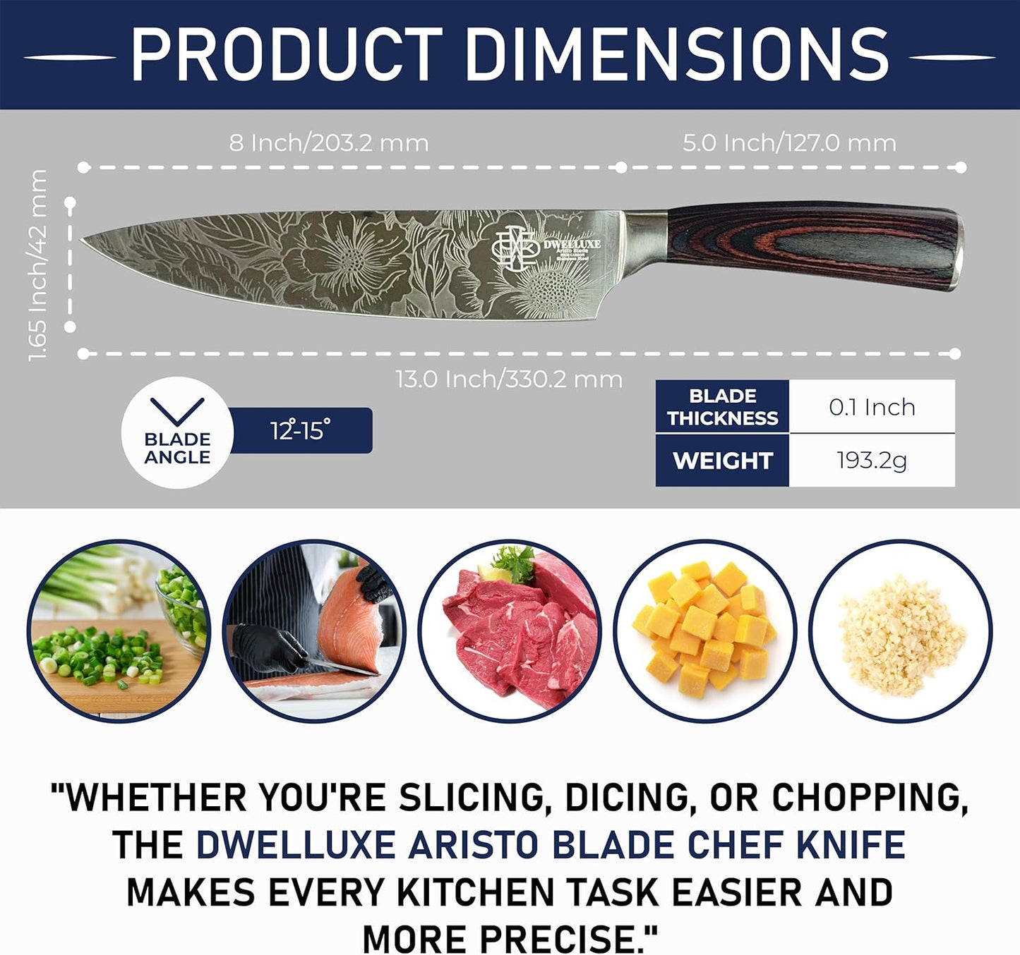 Dwelluxe 8-Inch Chef Knife Set | Laser-Etched Floral Blade | Ultra-Sharp 7Cr17MoV Steel | Ergonomic Pakkawood Handle | with 7 Accessories – Sharpener, Scissors, Herb Tool & More | Luxury Gift Box