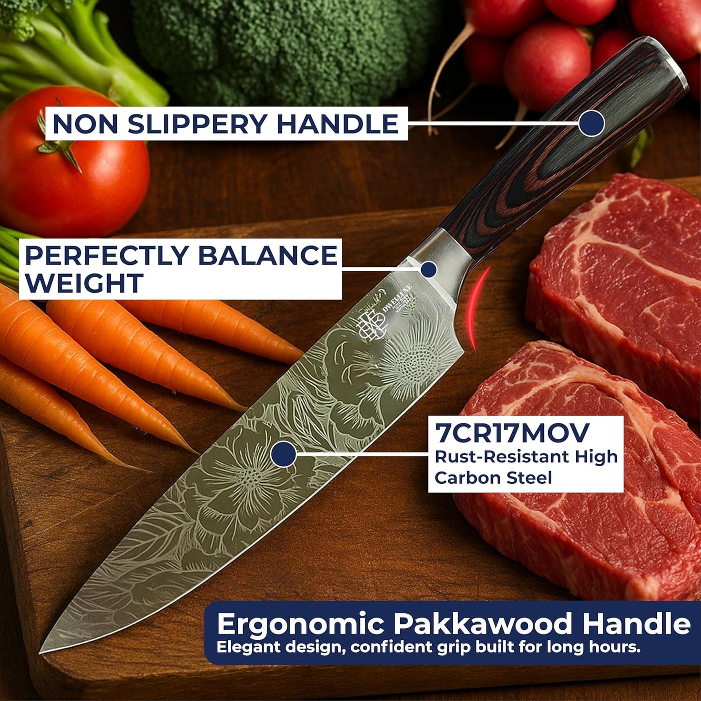 Dwelluxe 8-Inch Chef Knife Set | Laser-Etched Floral Blade | Ultra-Sharp 7Cr17MoV Steel | Ergonomic Pakkawood Handle | with 7 Accessories – Sharpener, Scissors, Herb Tool & More | Luxury Gift Box