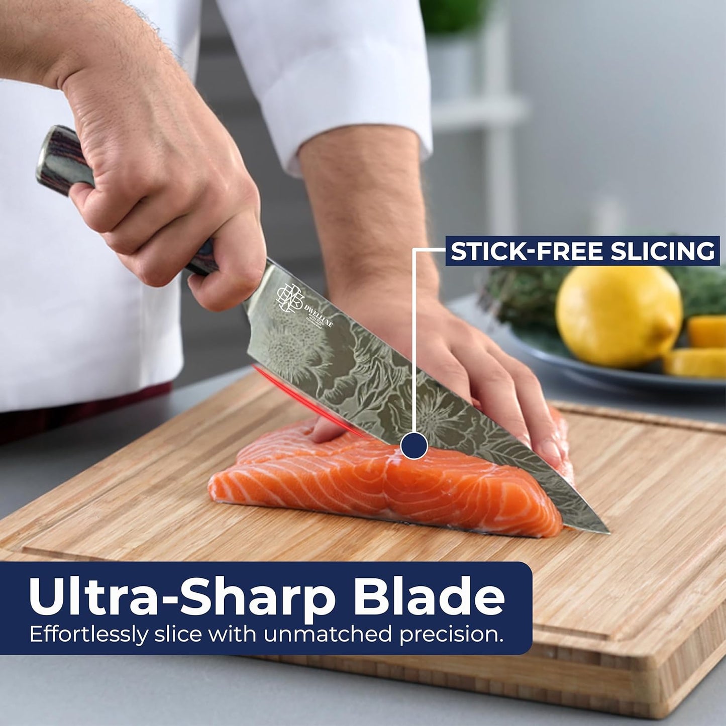Dwelluxe 8-Inch Chef Knife Set | Laser-Etched Floral Blade | Ultra-Sharp 7Cr17MoV Steel | Ergonomic Pakkawood Handle | with 7 Accessories – Sharpener, Scissors, Herb Tool & More | Luxury Gift Box