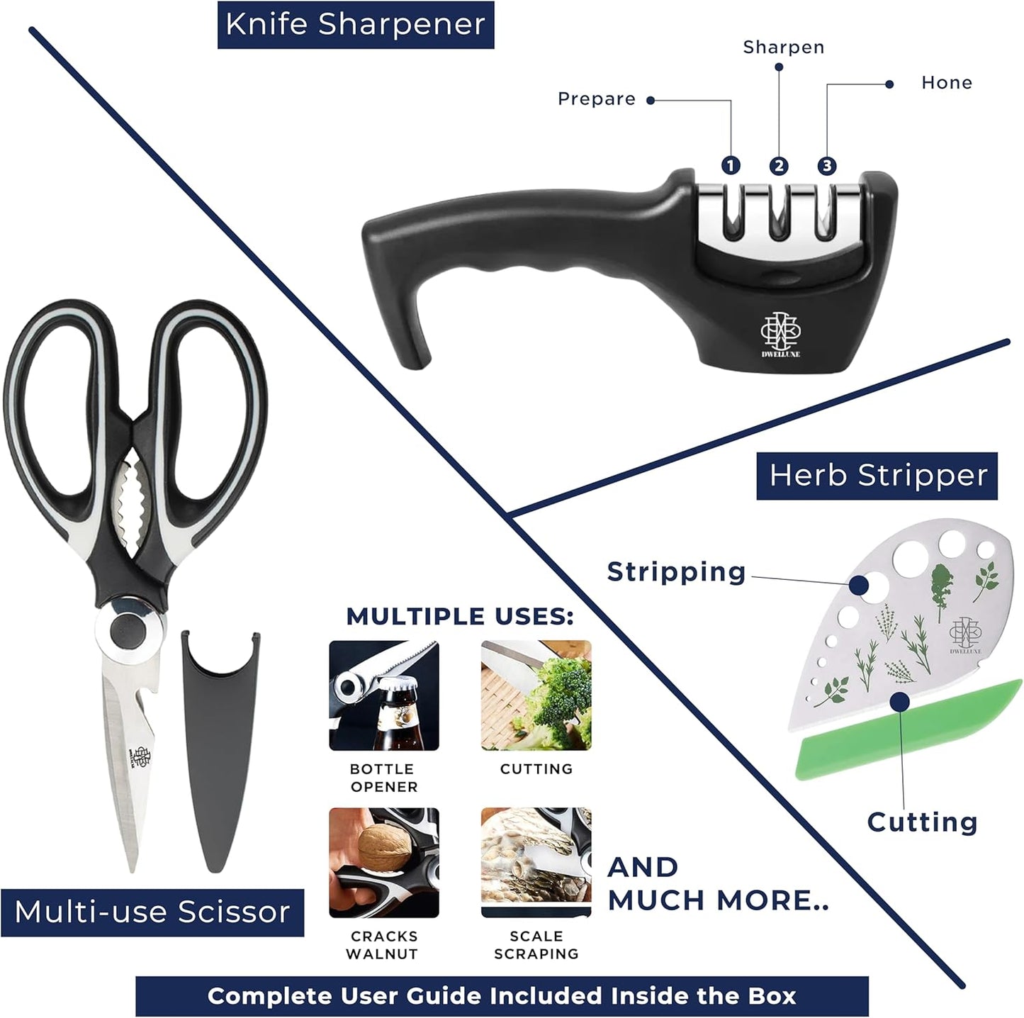 Dwelluxe 8-Inch Chef Knife Set | Laser-Etched Floral Blade | Ultra-Sharp 7Cr17MoV Steel | Ergonomic Pakkawood Handle | with 7 Accessories – Sharpener, Scissors, Herb Tool & More | Luxury Gift Box