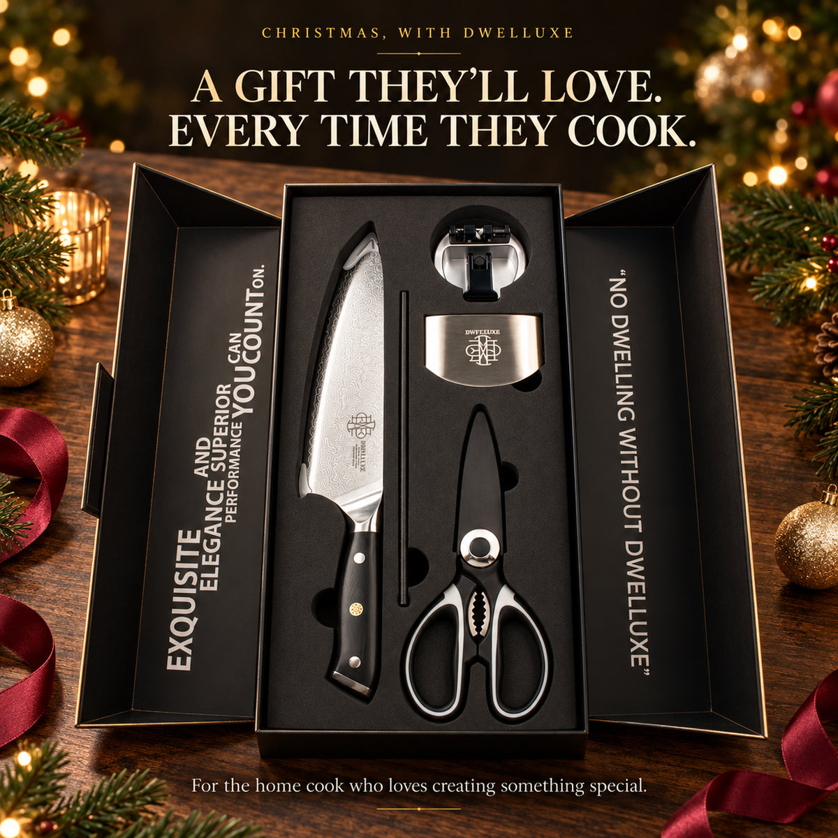 DWELLUXE Damascus Chef Knife Set UK – 8" Japanese VG-10 67-Layer Kitchen Knife, G10 Handle, 3-in-1 Sharpener & Accessories | Premium Gift Set