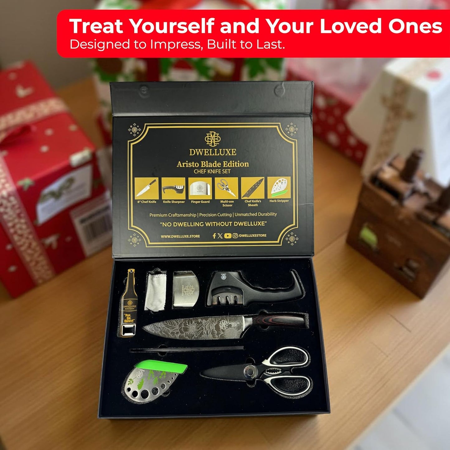 Dwelluxe 8-Inch Chef Knife Set | Laser-Etched Floral Blade | Ultra-Sharp 7Cr17MoV Steel | Ergonomic Pakkawood Handle | with 7 Accessories – Sharpener, Scissors, Herb Tool & More | Luxury Gift Box