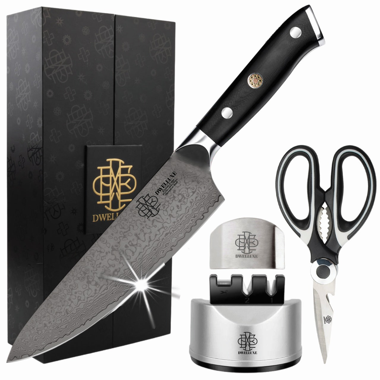 DWELLUXE Damascus Chef Knife Set - 8" Japanese VG-10 High Carbon Steel Professional 67-Layers Damascus Kitchen Knife with G10 Handle, 3-in-1 Sharpener, Multi-Use Kitchen Scissor & 304 Finger Protector
