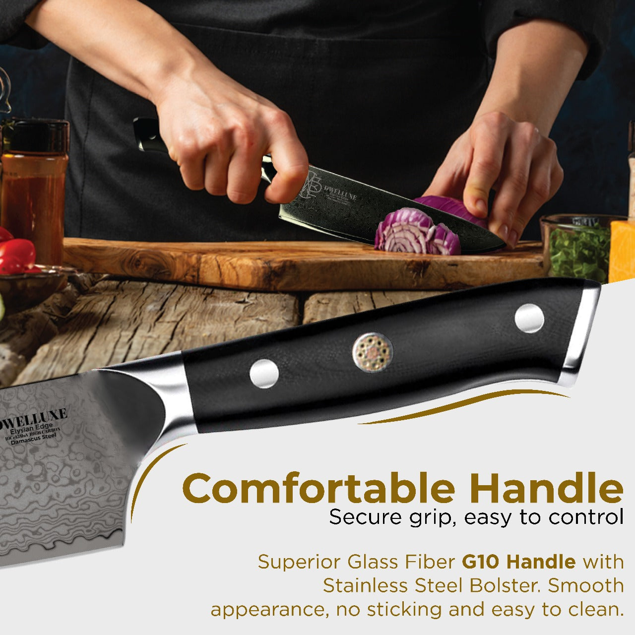 DWELLUXE Damascus Chef Knife Set - 8" Japanese VG-10 High Carbon Steel Professional 67-Layers Damascus Kitchen Knife with G10 Handle, 3-in-1 Sharpener, Multi-Use Kitchen Scissor & 304 Finger Protector