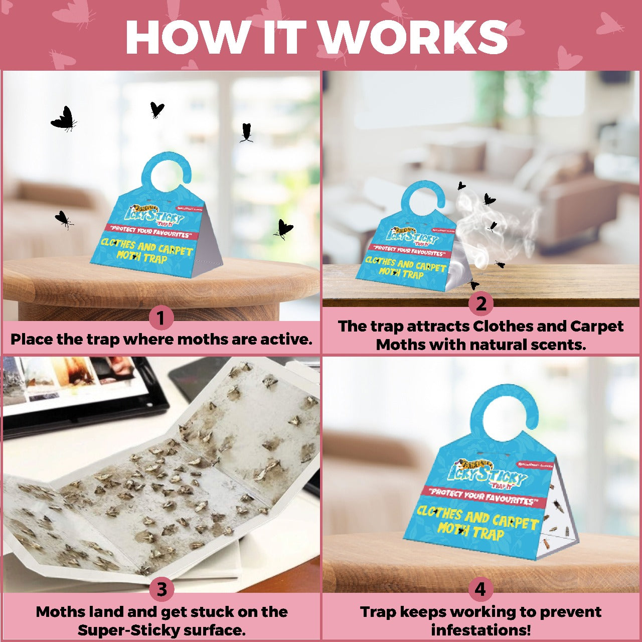 Icky Sticky Pheroluxe Moth Killer - 10 Premium Pheromone Moth Traps for Common Clothes, Carpet and Similar Moths with (6 Fruit Fly and Fungus Gnat Traps) | Non-Toxic for Wardrobes, Fabrics & Carpet |