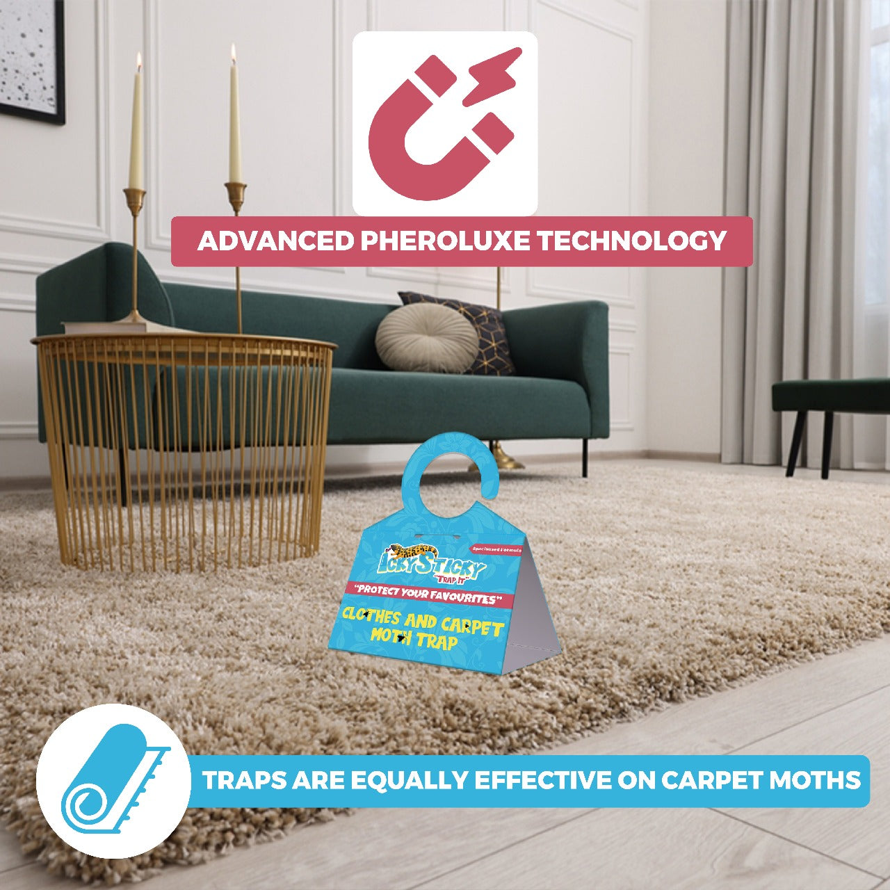 Icky Sticky Pheroluxe Moth Killer - 10 Premium Pheromone Moth Traps for Common Clothes, Carpet and Similar Moths with (6 Fruit Fly and Fungus Gnat Traps) | Non-Toxic for Wardrobes, Fabrics & Carpet |