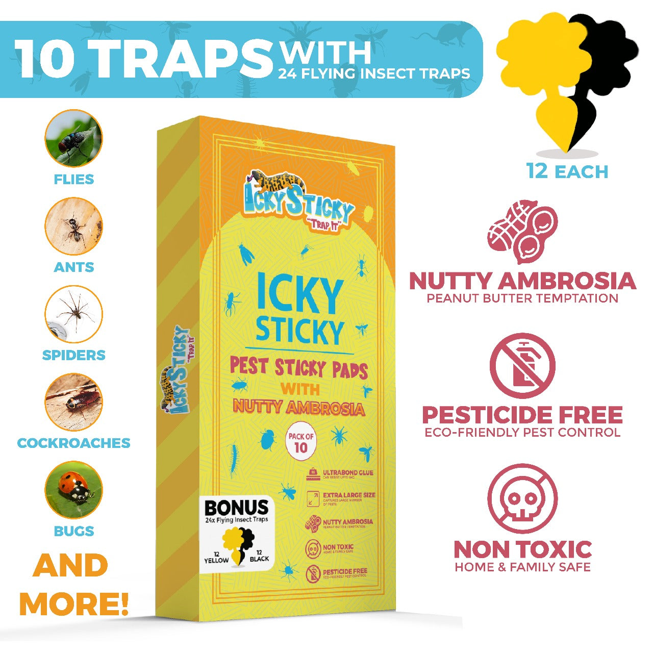 10 PACK Sticky Traps Large Extra Strong Sticky Traps Glue Pads - With 24 Flying Insect Traps for Indoor Outdoor, Home Kitchen, Garage, Garden