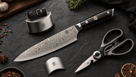 DWELLUXE Damascus Chef Knife Set UK – 8 inch Japanese VG-10 67-layer steel with accessories on dark slate