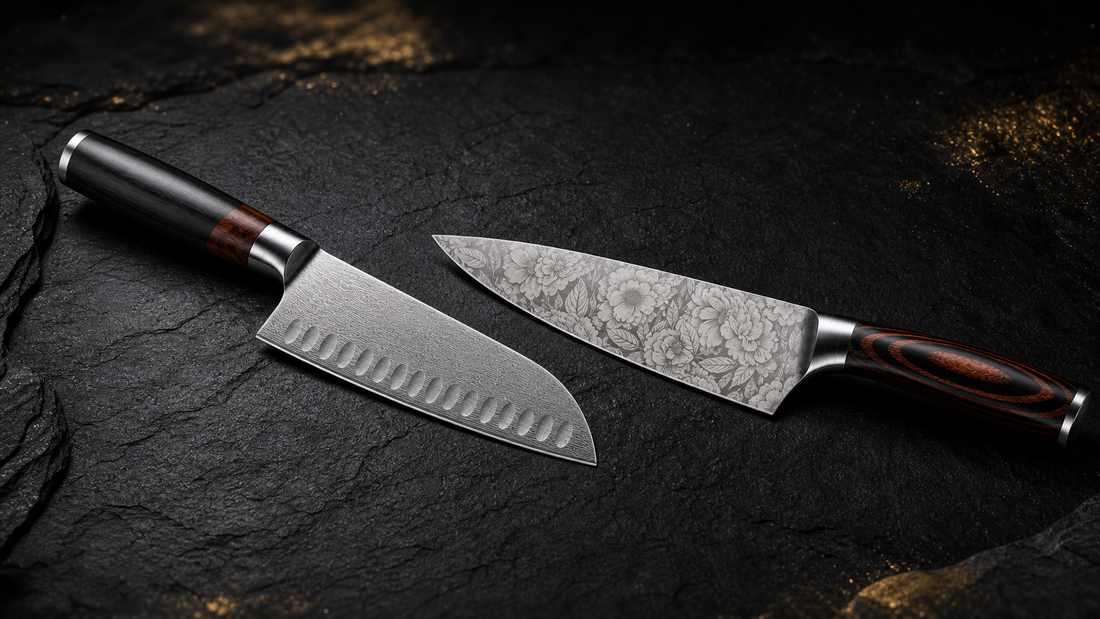 Santoku knife vs chef knife side-by-side comparison on dark slate — DWELLUXE kitchen knife guide for UK home cooks