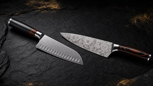 Santoku knife vs chef knife side-by-side comparison on dark slate — DWELLUXE kitchen knife guide for UK home cooks