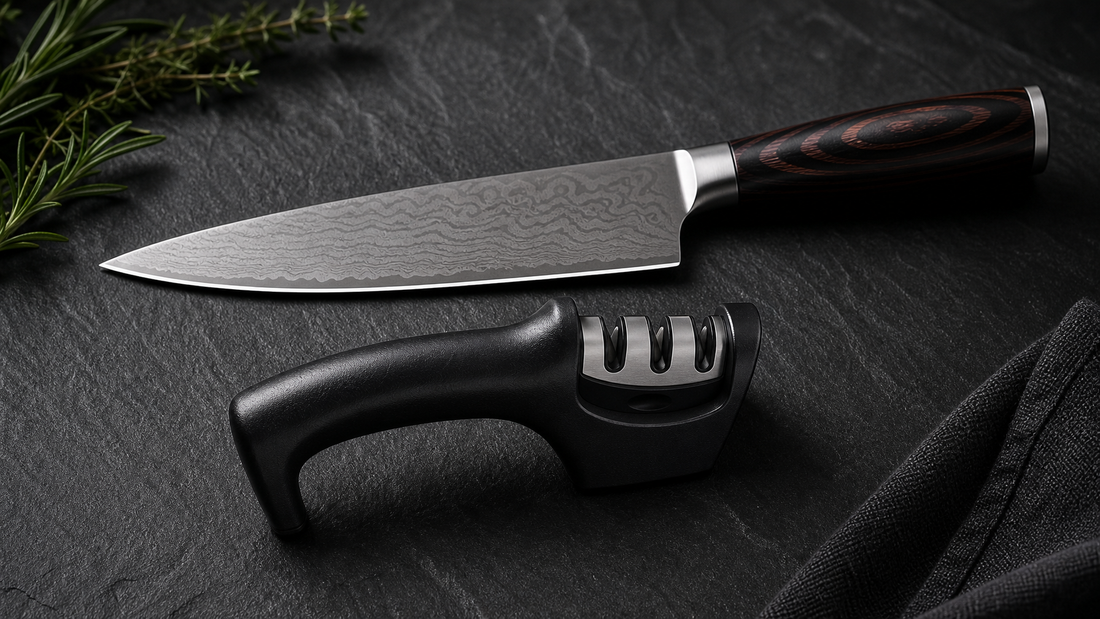 Best knife sharpener UK 2026 — 3-in-1 pull-through sharpener and chef knife on dark slate surface