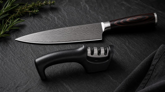 Best knife sharpener UK 2026 — 3-in-1 pull-through sharpener and chef knife on dark slate surface