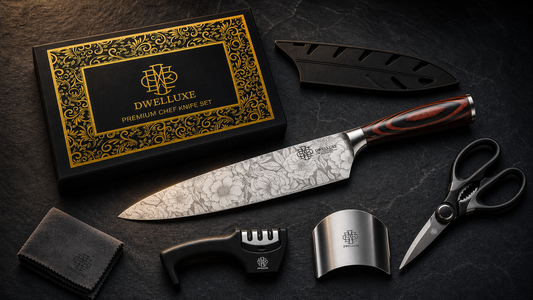 Best kitchen knife sets under £30 UK – chef knife with accessories flat lay on dark slate surface