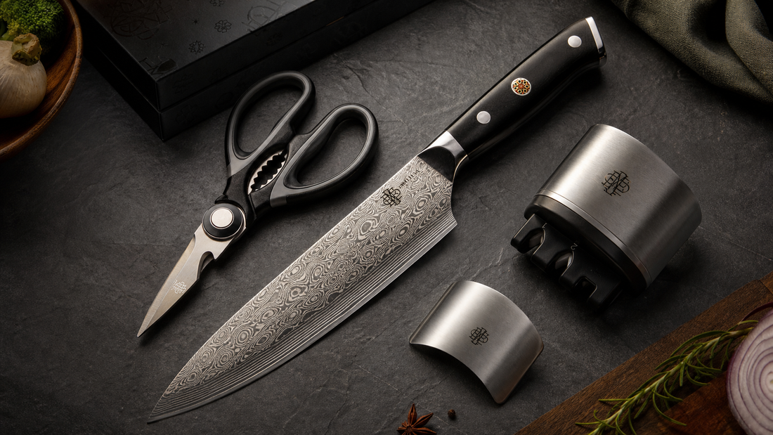 Best Japanese kitchen knife set UK 2026 — Damascus chef knife with accessories on dark slate surface