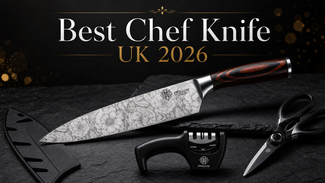 Best chef knife UK 2026 — 8-inch chef knife with pakkawood handle and accessories on dark slate surface