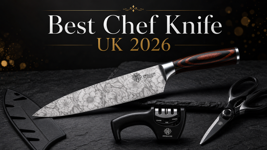 Best chef knife UK 2026 — 8-inch chef knife with pakkawood handle and accessories on dark slate surface