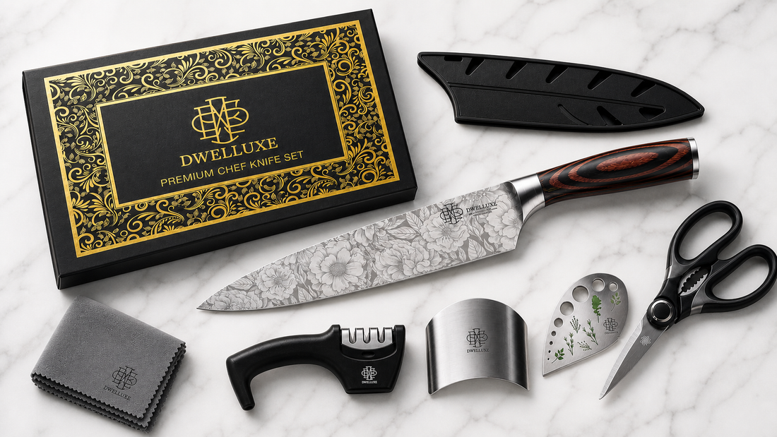 DWELLUXE Chef Knife Set UK with 7 accessories flat lay on white background — knife sharpener, scissors, herb stripper, finger protector and gift box