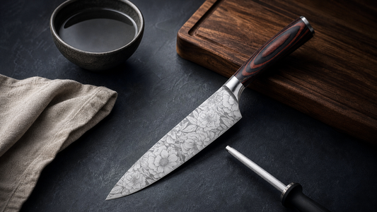 How to care for kitchen knives — chef knife with honing rod, cloth and cutting board on dark slate surface, UK guide
