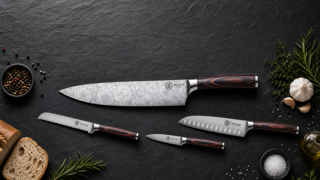 Best kitchen knives UK 2026 — chef knife flat lay on dark slate surface, complete buying guide
