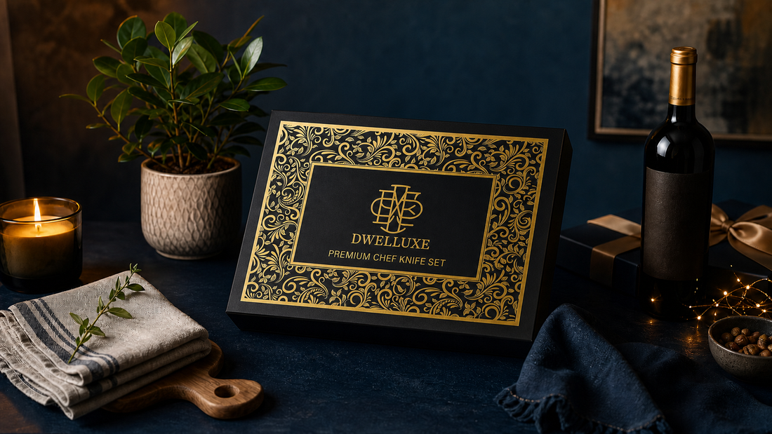 Best housewarming gifts UK 2026 — DWELLUXE gift box with candle, plant and wine on dark navy surface