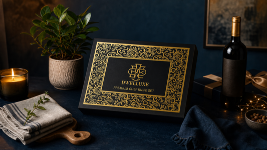 Best housewarming gifts UK 2026 — DWELLUXE gift box with candle, plant and wine on dark navy surface