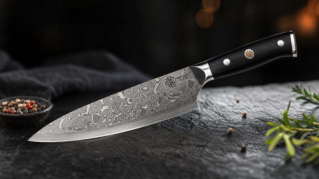 Best Japanese knife UK 2026 — Damascus chef knife on dark slate background
