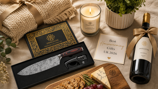 Best housewarming gifts UK 2026 — curated flat lay of thoughtful gift ideas including chef knife set, candle, wine and home decor