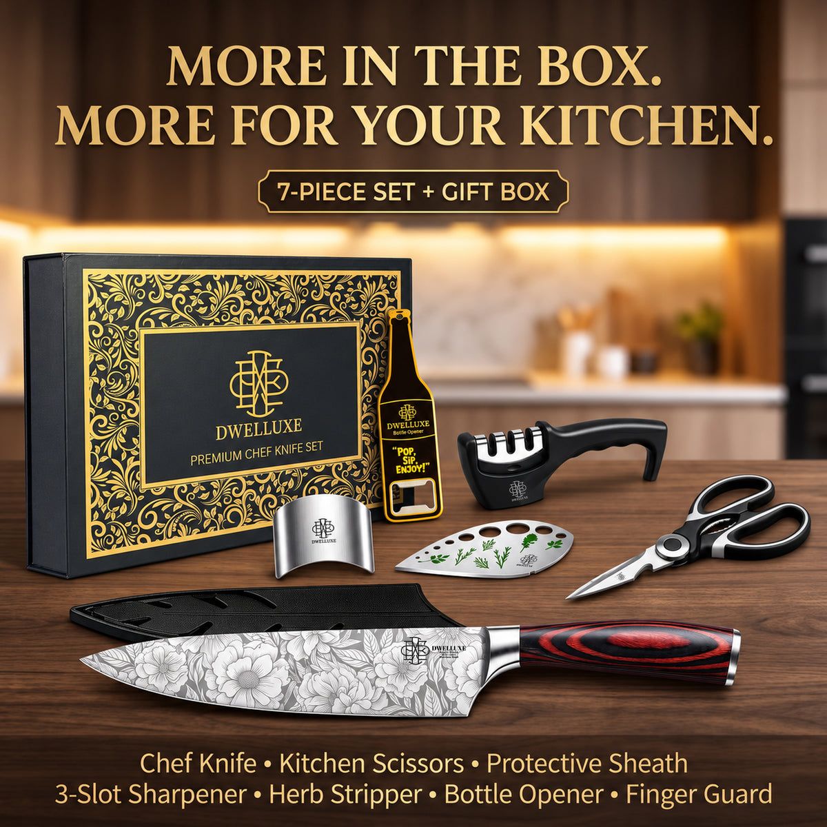 DWELLUXE Chef Knife Set UK – Ultra Sharp 8" Kitchen Knife with 7 Accessories, High Carbon Stainless Steel, Pakkawood Handle & Luxury Gift Box