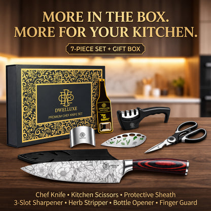 DWELLUXE Chef Knife Set UK – Ultra Sharp 8" Kitchen Knife with 7 Accessories, High Carbon Stainless Steel, Pakkawood Handle & Luxury Gift Box