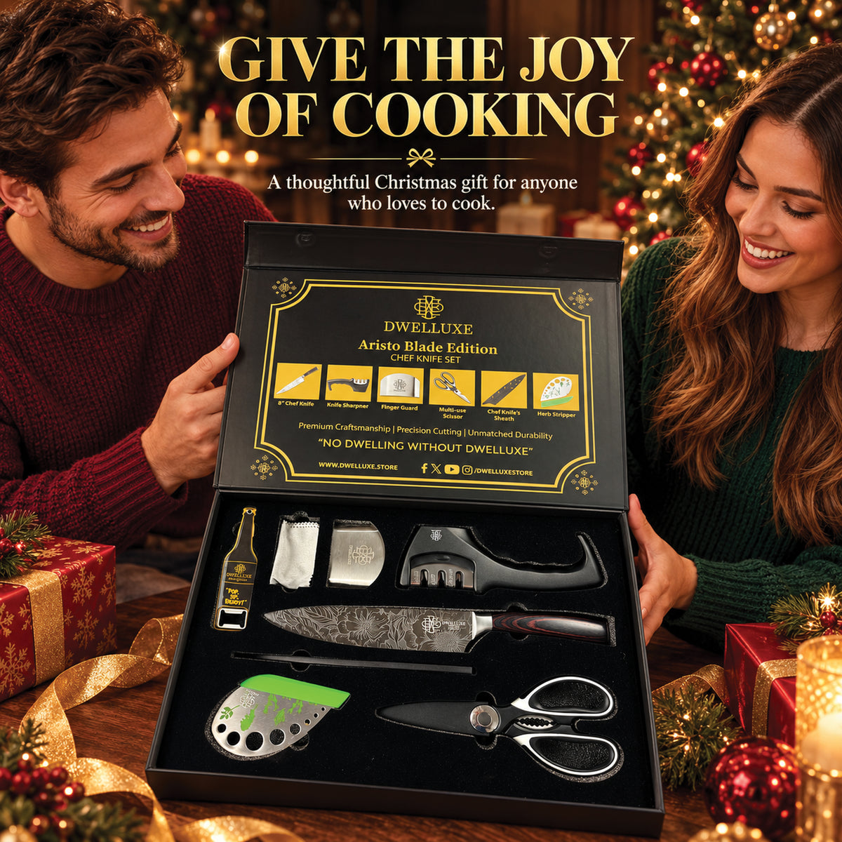 DWELLUXE Chef Knife Set UK – Ultra Sharp 8" Kitchen Knife with 7 Accessories, High Carbon Stainless Steel, Pakkawood Handle & Luxury Gift Box