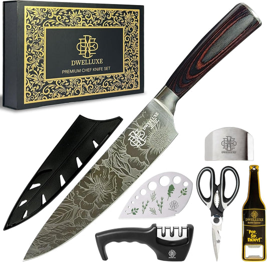 Dwelluxe 8-Inch Chef Knife Set | Laser-Etched Floral Blade | Ultra-Sharp 7Cr17MoV Steel | Ergonomic Pakkawood Handle | with 7 Accessories – Sharpener, Scissors, Herb Tool & More | Luxury Gift Box
