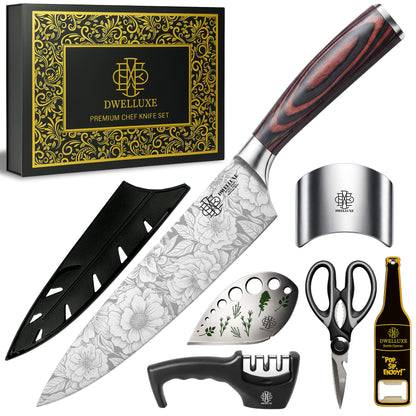 DWELLUXE Chef Knife Set UK – Ultra Sharp 8" Kitchen Knife with 7 Accessories, High Carbon Stainless Steel, Pakkawood Handle & Luxury Gift Box