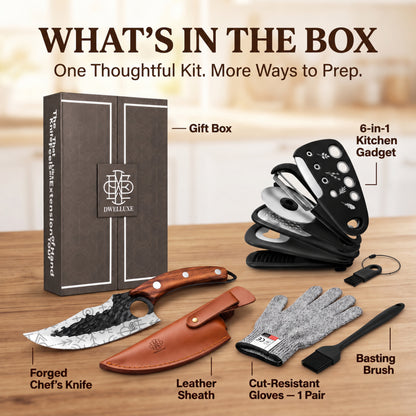 Forged Chef's Knife Set, Professional Kitchen Knife with Cut Resistant Gloves, Leather Sheath, BBQ Brush, 6 Kitchen Gadgets & Luxury Gift Box