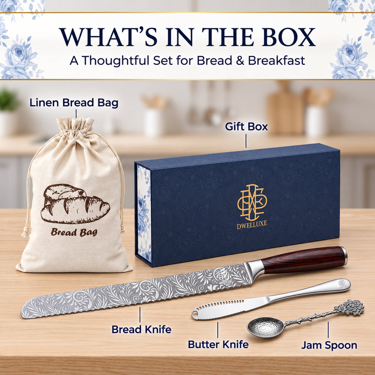 Bread Knife Set 10" Serrated Knife with Bread Bag, Butter Spreader Grater, Spoon & Luxury Gift Box - Complete Kitchen Set
