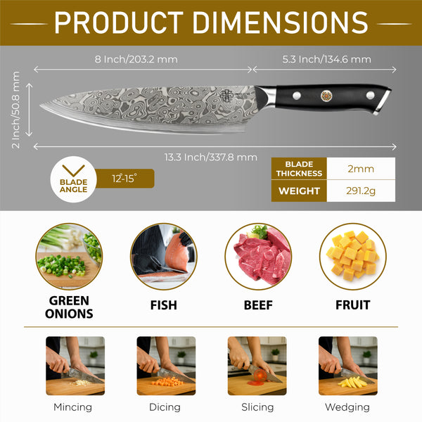 DWELLUXE Damascus Chef Knife Set - 8" Japanese VG-10 High Carbon Steel Professional 67-Layers Damascus Kitchen Knife with G10 Handle, 3-in-1 Sharpener, Multi-Use Kitchen Scissor & 304 Finger Protector