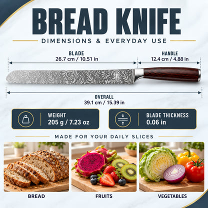 Bread Knife Set 10" Serrated Knife with Bread Bag, Butter Spreader Grater, Spoon & Luxury Gift Box - Complete Kitchen Set
