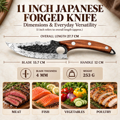 Forged Chef's Knife Set, Professional Kitchen Knife with Cut Resistant Gloves, Leather Sheath, BBQ Brush, 6 Kitchen Gadgets & Luxury Gift Box