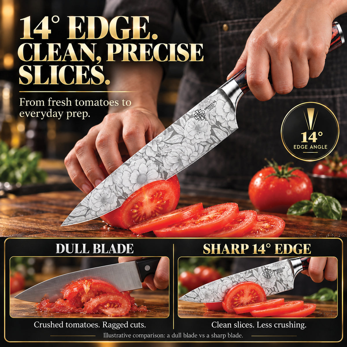 DWELLUXE Chef Knife Set UK – Ultra Sharp 8" Kitchen Knife with 7 Accessories, High Carbon Stainless Steel, Pakkawood Handle & Luxury Gift Box