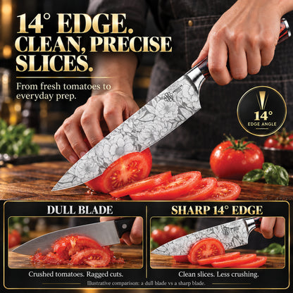 DWELLUXE Chef Knife Set UK – Ultra Sharp 8" Kitchen Knife with 7 Accessories, High Carbon Stainless Steel, Pakkawood Handle & Luxury Gift Box
