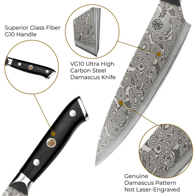 DWELLUXE Damascus Chef Knife Set - 8" Japanese VG-10 High Carbon Steel Professional 67-Layers Damascus Kitchen Knife with G10 Handle, 3-in-1 Sharpener, Multi-Use Kitchen Scissor & 304 Finger Protector