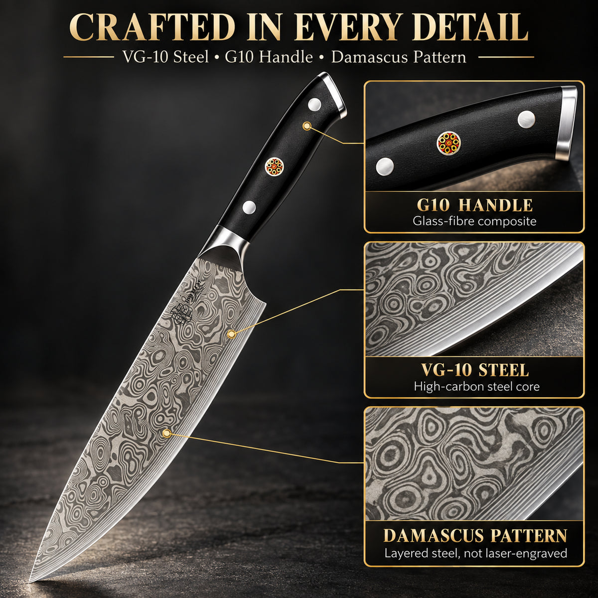 DWELLUXE Damascus Chef Knife Set UK – 8" Japanese VG-10 67-Layer Kitchen Knife, G10 Handle, 3-in-1 Sharpener & Accessories | Premium Gift Set
