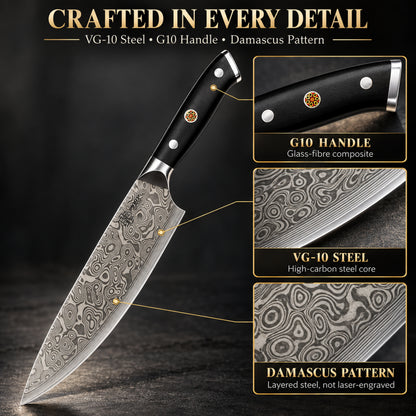 DWELLUXE Damascus Chef Knife Set UK – 8" Japanese VG-10 67-Layer Kitchen Knife, G10 Handle, 3-in-1 Sharpener & Accessories | Premium Gift Set