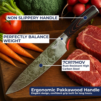 Dwelluxe 8-Inch Chef Knife Set | Laser-Etched Floral Blade | Ultra-Sharp 7Cr17MoV Steel | Ergonomic Pakkawood Handle | with 7 Accessories – Sharpener, Scissors, Herb Tool & More | Luxury Gift Box