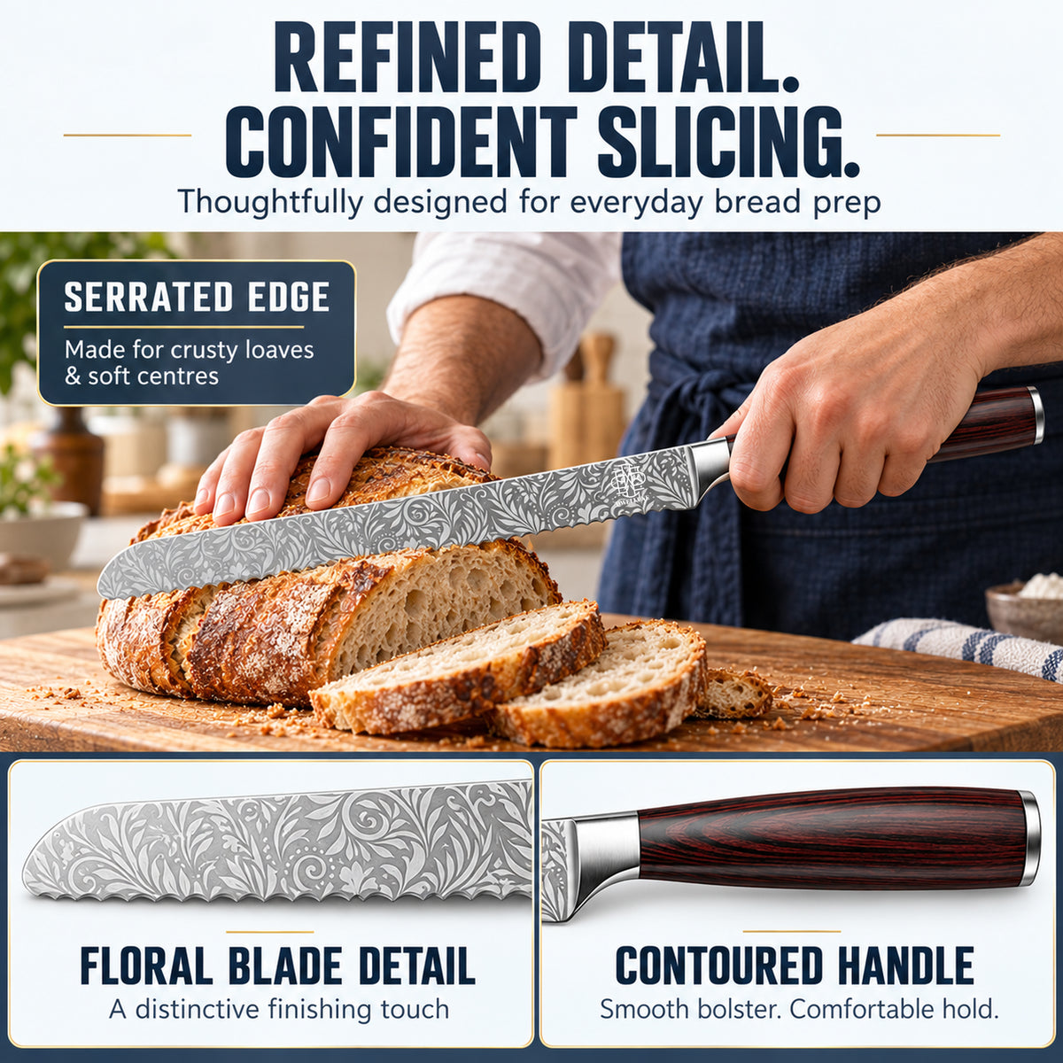 Bread Knife Set 10" Serrated Knife with Bread Bag, Butter Spreader Grater, Spoon & Luxury Gift Box - Complete Kitchen Set