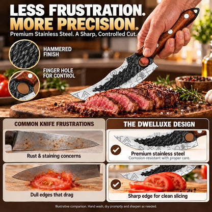 Forged Chef's Knife Set, Professional Kitchen Knife with Cut Resistant Gloves, Leather Sheath, BBQ Brush, 6 Kitchen Gadgets & Luxury Gift Box