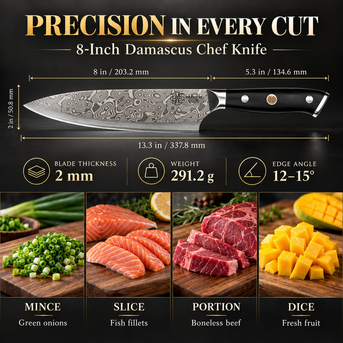 DWELLUXE Damascus Chef Knife Set UK – 8" Japanese VG-10 67-Layer Kitchen Knife, G10 Handle, 3-in-1 Sharpener & Accessories | Premium Gift Set