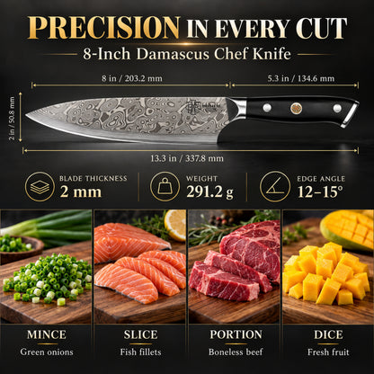 DWELLUXE Damascus Chef Knife Set UK – 8" Japanese VG-10 67-Layer Kitchen Knife, G10 Handle, 3-in-1 Sharpener & Accessories | Premium Gift Set