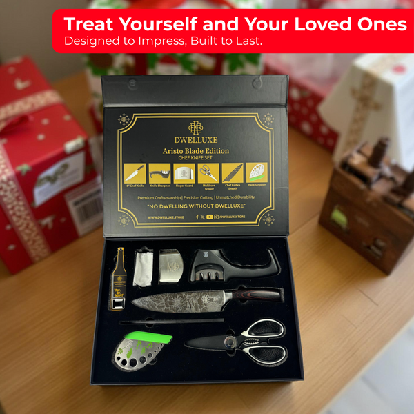 Dwelluxe Chef Knife, Ultra Sharp 8 inch Kitchen Knife with 7 Accessories, Professional, High Carbon Stainless Steel, Carving Knife with Pakkawood Handle, Luxury Gift Box for You, Family & Restaurant