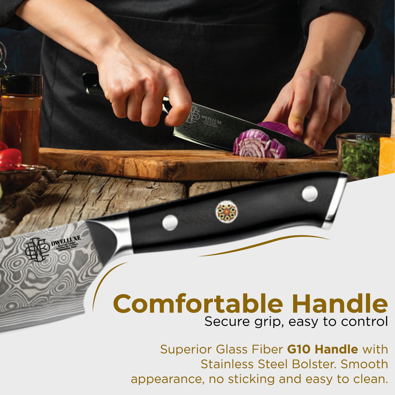 DWELLUXE Damascus Chef Knife Set - 8" Japanese VG-10 High Carbon Steel Professional 67-Layers Damascus Kitchen Knife with G10 Handle, 3-in-1 Sharpener, Multi-Use Kitchen Scissor & 304 Finger Protector